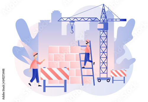 Build and Home Repair concept. Modern building process. Tiny men builders and repairers working with professional tools. Modern flat cartoon style. Vector illustration on white background