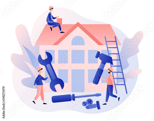 Build and Home Repair concept. Tiny men builders and repairers working with professional tools. Modern building process. Modern flat cartoon style. Vector illustration on white background