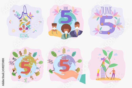 Set of 6 environmental protection illustration. Save the planet. Ocean pollution, global warming, forest fires, floods, deforestation, carbon monoxide air pollution. 