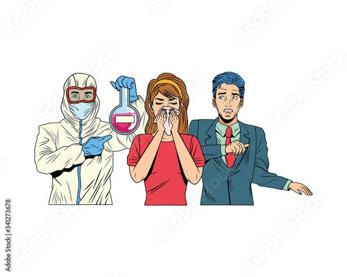 couple and man with biosafety suit lifting tube test