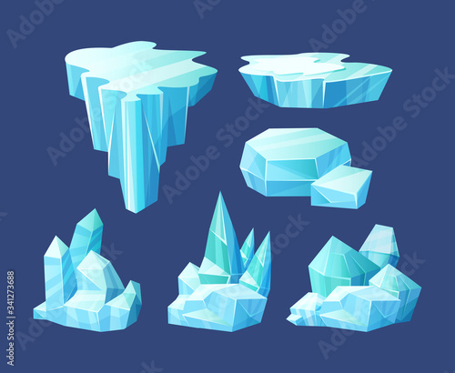 Crystals of ice, iceberg broken pieces of ice, icicles, cold frozen blocks ice mountain, winter landscape for game design cartoon vector illustration