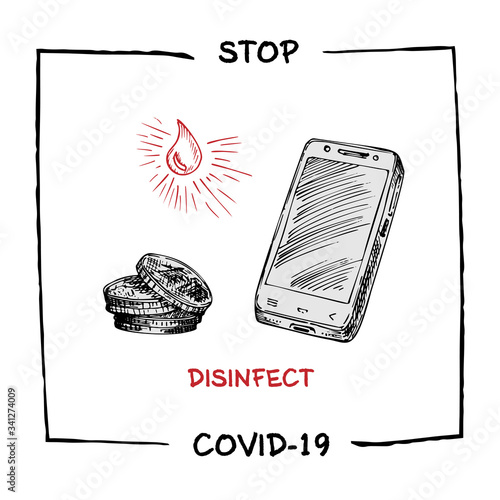 Design concept of Medical, social, economic and financial information agitational poster against coronavirus epidemic with text Stop Covid-19 Desinfect Sketch style
