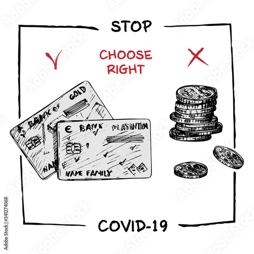Design concept of Medical, social, economic and financial information agitational poster against coronavirus epidemic with text Stop Covid-19 Choose right Sketch style
