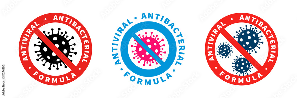Antiviral antibacterial coronavirus formula vector icons. Coronavirus 2019-nCov, Covid-19 NCP virus stop signs, health protection, hand sanitizer labels - obrazy, fototapety, plakaty 