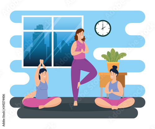 woman practicing yoga in the house vector illustration design