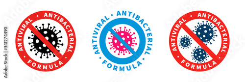Antiviral antibacterial coronavirus formula vector icons. Coronavirus 2019-nCov, Covid-19 NCP virus stop signs, health protection, hand sanitizer labels photo