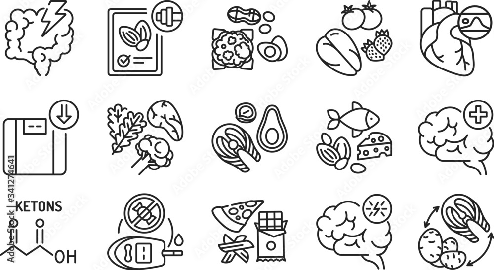 Obraz premium Ketogenic diet black line icons set. Very low-carb, high-fat diet. Reducing carbohydrate intake and replacing it with fat. Pictogram for web page, mobile app, promo. Editable stroke