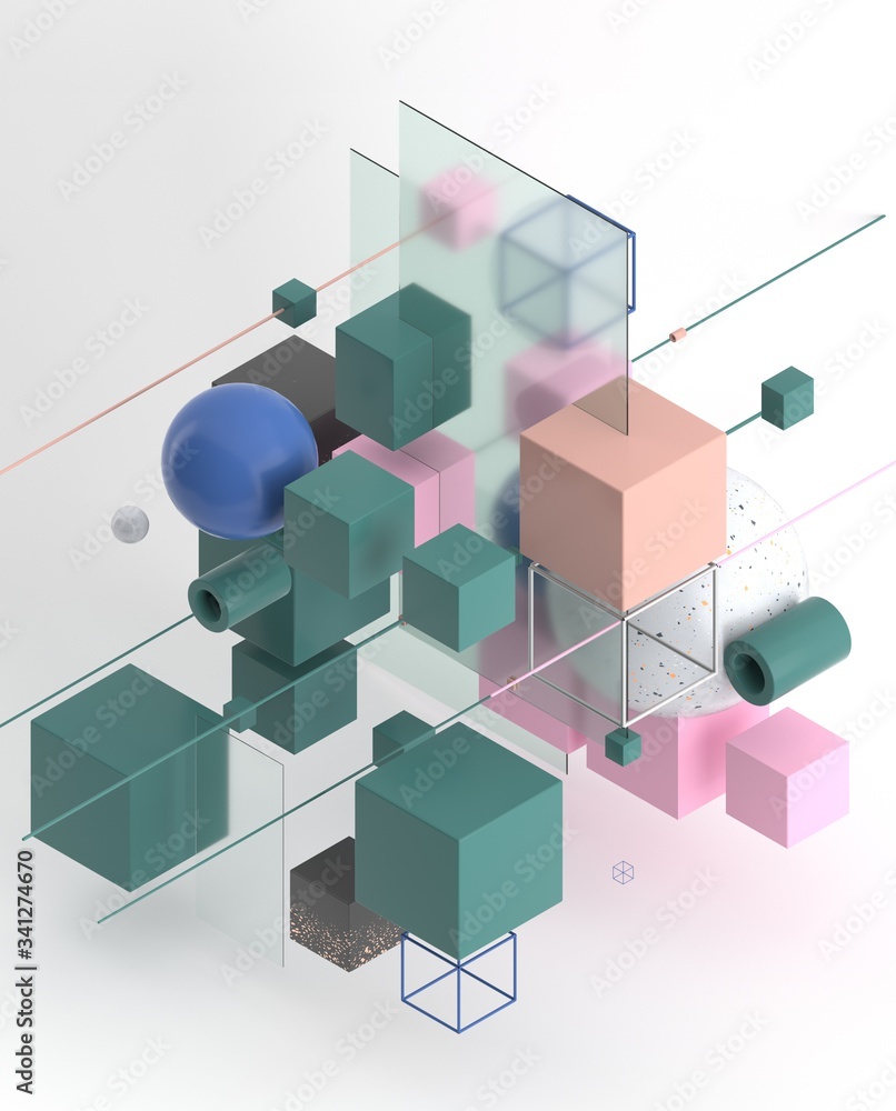Obraz premium Abstract background, modern composition of geometric shapes. Cube, sphere, cylinder, line. 3d illustration.