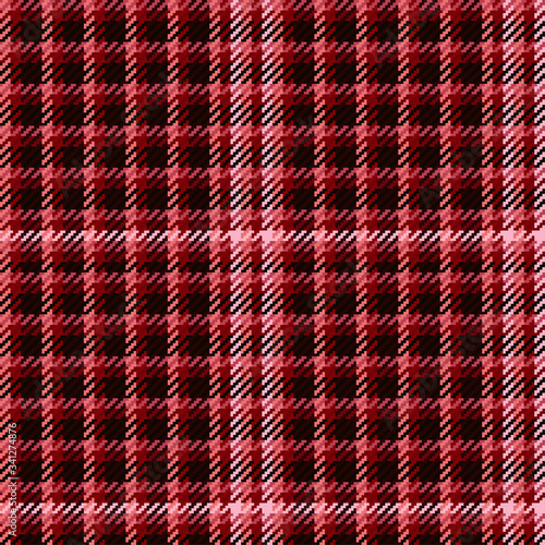Red, black and white gingham cloth background with fabric texture. Seamless fabric texture. Seamless tartan tiles. Suits for covers, packaging and gift wrap. No gradient. No transparent. EPS10.