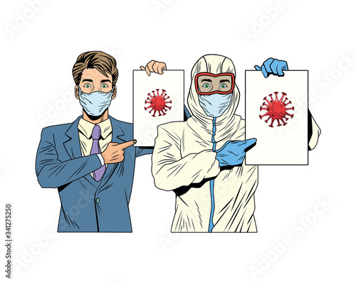 businessman and man with biosafety suit lifting covid19 label