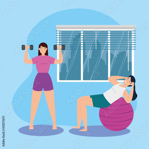 women practicing exercise and pilates with ball plastic vector illustration design