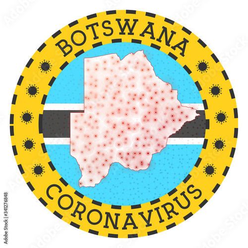 Coronavirus in Botswana sign. Round badge with shape of Botswana. Yellow country lockdown emblem with title and virus signs. Vector illustration.