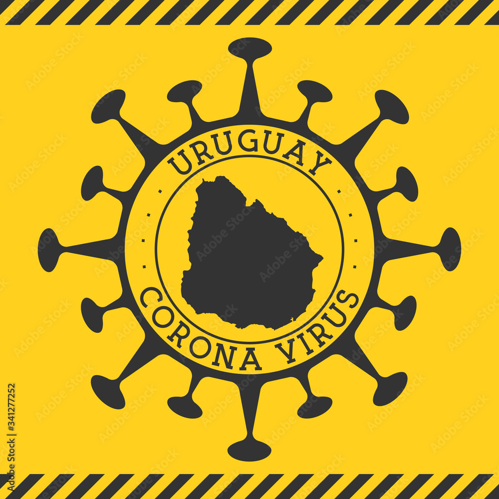 Corona virus in Uruguay sign. Round badge with shape of virus and Uruguay map. Yellow country epidemy lock down stamp. Vector illustration.