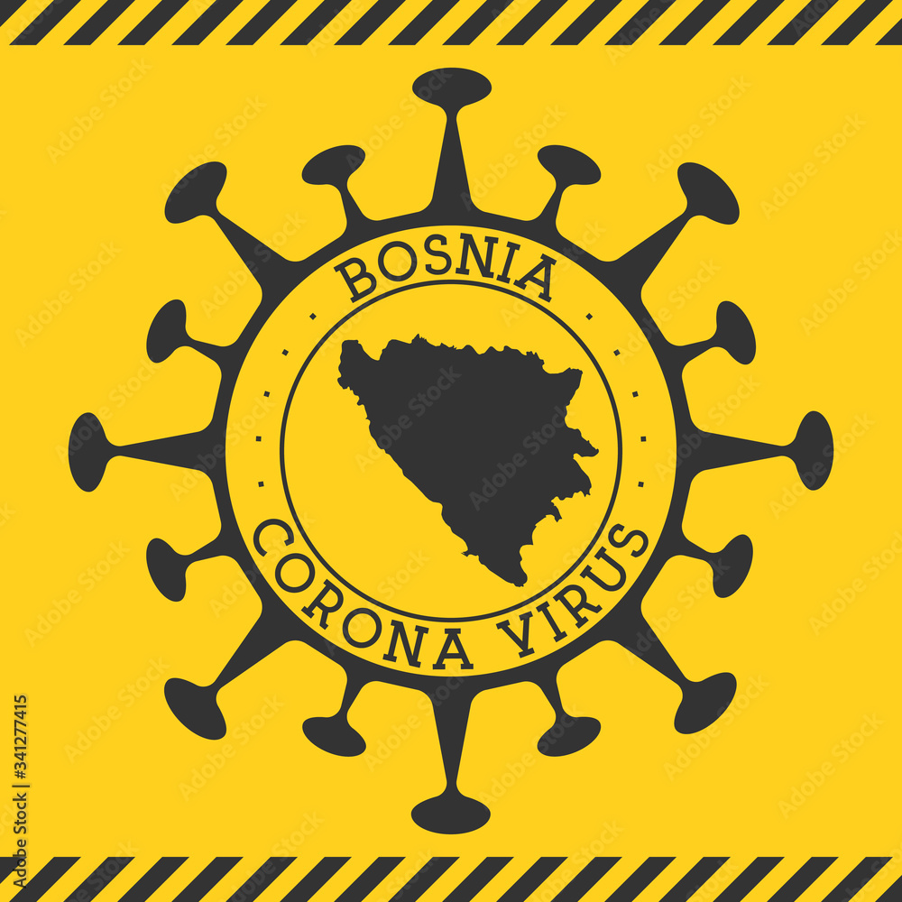 Corona virus in Bosnia sign. Round badge with shape of virus and Bosnia map. Yellow country epidemy lock down stamp. Vector illustration.
