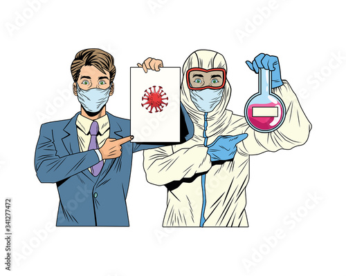 businessman and man with biosafety suit lifting covid19 label