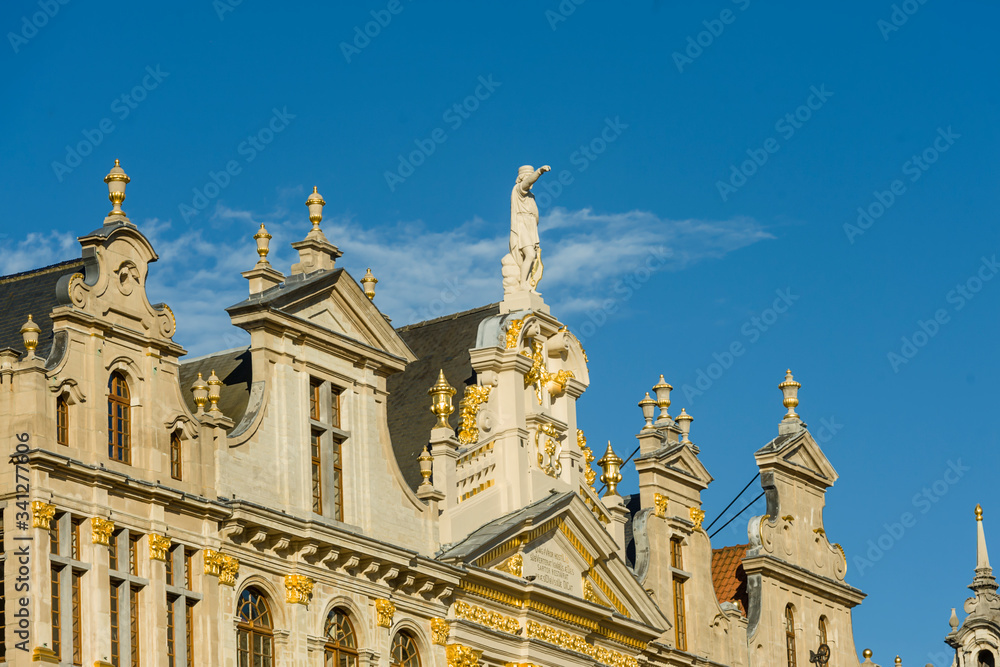 The Grand Place is the central square of Brussels. It is surrounded by opulent guildhalls. Detail of the house of Maison de la Chaloupe d'Or in Brussels, Belgium