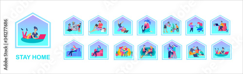 Set of Stay at home concept of coronavirus prevention, awareness social media campaign. People and family on quarantine staying together at home. Protection and revention