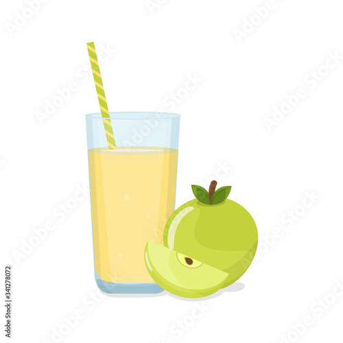 Tall Glass of apple juice with tube and green apple with a slice. Natural fresh squeezed juice. Healthy diet. Vector illustration.