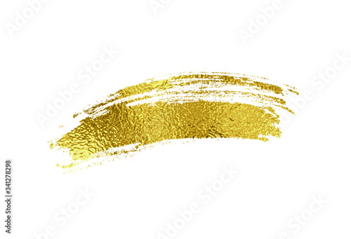 Gold foil brush stroke. Golden scribble, glitter texture isolated on white background. Vector shiny metallic brushstroke element design