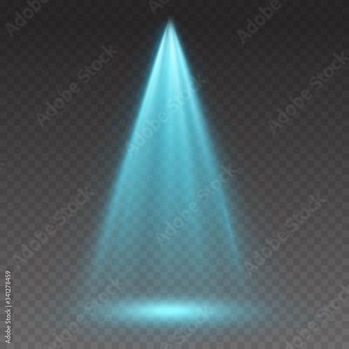 Blue projector effect isolated on transparent background. Vector glow stage light ray or bright scene spotlight beam template.