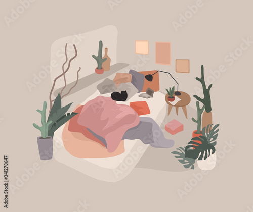 Scandinavian style cozy interior bedroom with homeplants. Cartoon vector illustration. Soft terracota