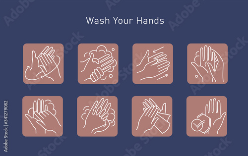 Hand hygiene line icon set. Simple Minimal Pictogram. Personal hygiene, disease prevention and healthcare hand