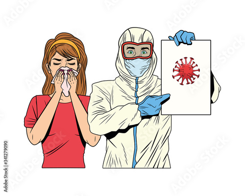 worker with biosafety suit and woman lifting covid19 label