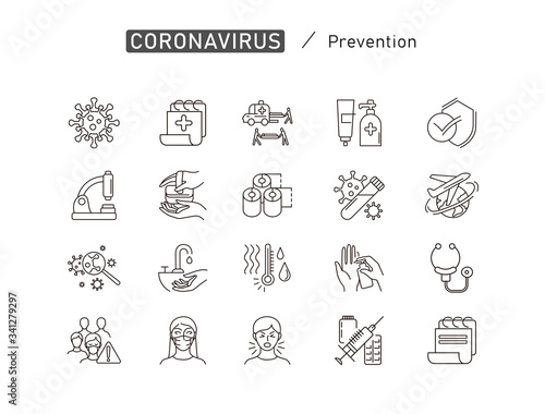 Set of Coronavirus Protection. Prevention of New epidemic 2019-nCoV icon set for infographic or website. Safety, health, remedies and prevention of viral diseases. Isolation. Vector