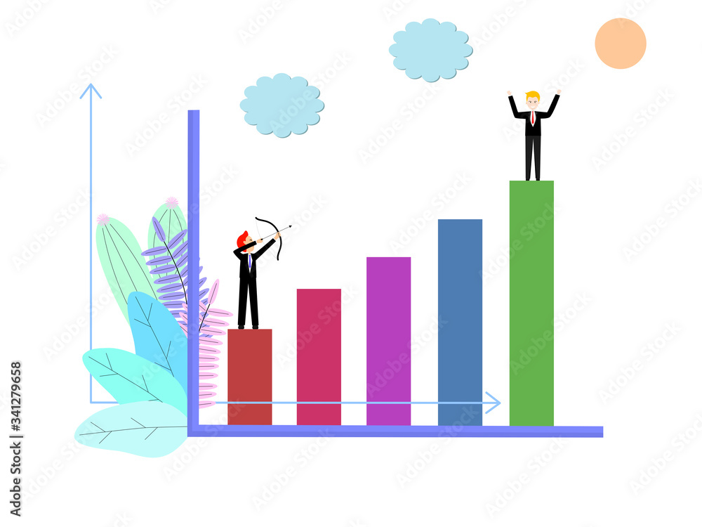 Vector draw flat design graph people successful highly position, man stand low jealous point archer toward people higher success with career, bad companion in office company pattern concept Vector draw flat design graph people successful highly position, man stand low jealous point archer toward people higher success with career, bad companion in office company pattern concept