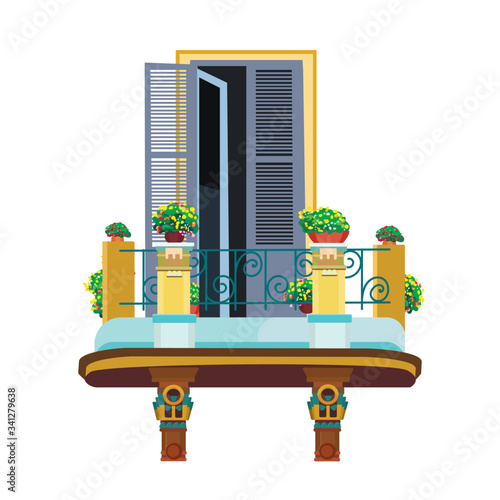 Arched window with balcony, houseplant decor and ornate handrail isolated on white background. Exterior view of window facade with plant - flat vector illustration