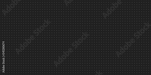 Seamless grid wireframe texture vector illustration. White dots on black background. Horizontal oriented dot grid paper background.