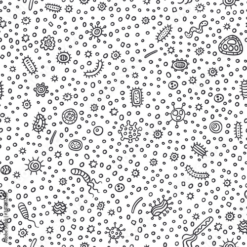 Bacteria viruses and germs outline doodle pattern