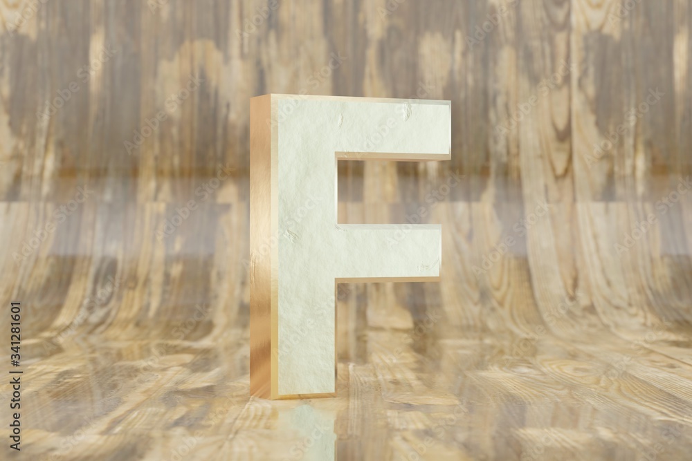 Gold 3d letter F uppercase. Golden letter on glossy wet wooden background. 3d rendered font character.