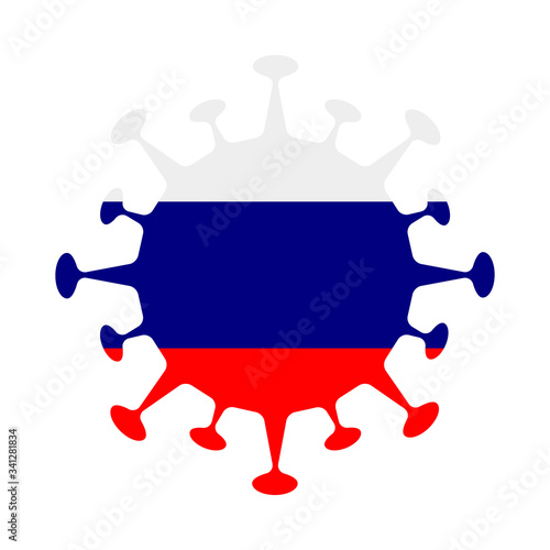 Russian flag in virus shape, symbolizing COVID-19 impact.