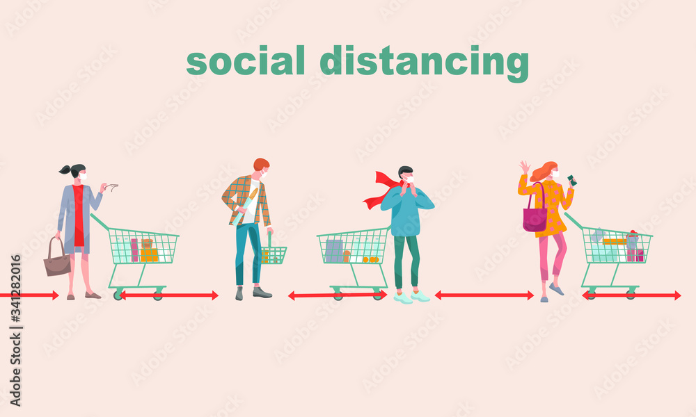 Fototapeta premium Social distancing to protect from COVID-19 coronavirus. Mans and women wait in line in supermarket and keep safe distance. 