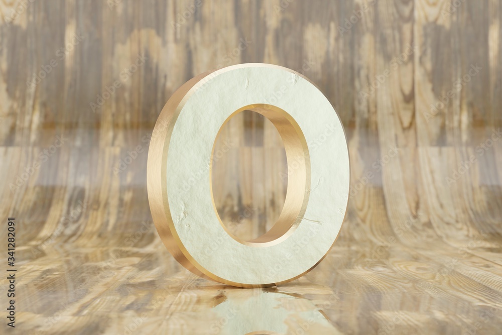 Gold 3d letter O uppercase. Golden letter on glossy wet wooden background. Golden alphabet with imperfections. 3d rendered font character. Gold 3d letter O uppercase. Golden letter on glossy wet wooden background. Golden alphabet with imperfections. 3d rendered font character.