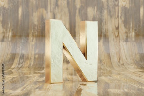 Gold 3d letter N uppercase. Golden letter on glossy wet wooden background. Golden alphabet with imperfections. 3d rendered font character.
