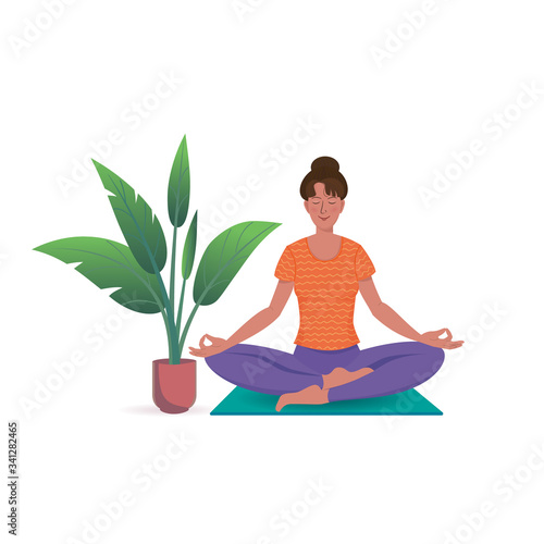 Young woman is practicing yoga sitting in Siddhasana on a yoga mat near the indoor plant. Vector illustration with texture in cartoon style.
