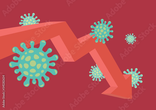 Downtrend arrow with infectious coronavirus isolated on a red background.