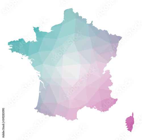 Polygonal map of France. Geometric illustration of the country in emerald amethyst colors. France map in low poly style. Technology, internet, network concept. Vector illustration.