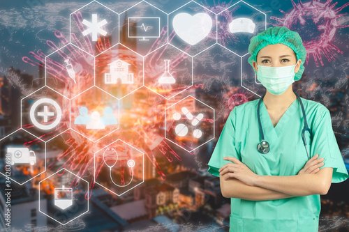 Medical Staff wear face mask, virus protection with innovative of futuristic medical graphic info, safe from virus outbreak for medical, wellness, healthy and technology  concept with virus 3d model