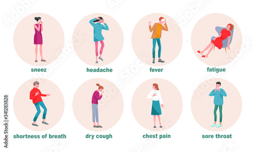 Coronavirus 2019-nCoV covid-19 symptoms  illustration. Mans and women are showing coronavirus symptoms-sneeze, headache, fatigue, shortness breath , dry cough, chest pain, sore throat, fever