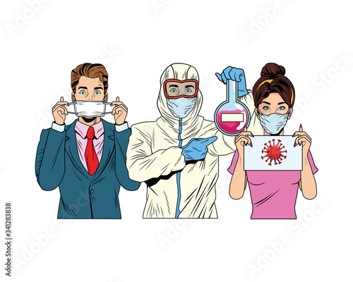 couple and man with biosafety suit lifting tube test