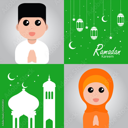 flat illustration ramadan background with ramadan kareem cartoon character design