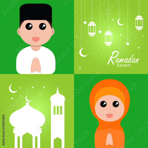 flat illustration ramadan background with ramadan kareem cartoon character design