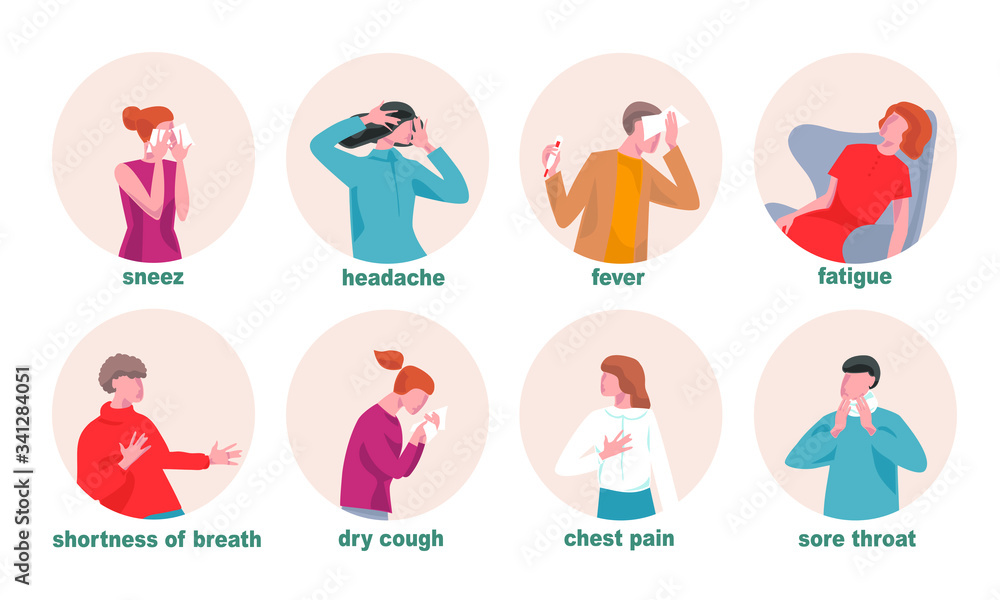Coronavirus 2019-nCoV covid-19 symptoms illustration. Mans and women are showing coronavirus symptoms-sneeze, headache, fatigue, shortness breath , dry cough, chest pain, sore throat, fever Coronavirus 2019-nCoV covid-19 symptoms illustration. Mans and women are showing coronavirus symptoms-sneeze, headache, fatigue, shortness breath , dry cough, chest pain, sore throat, fever