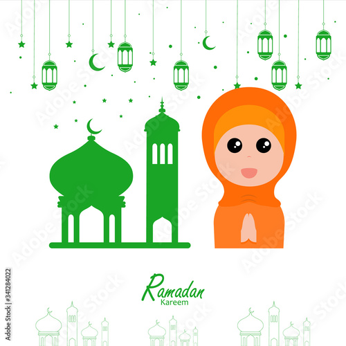 flat illustration ramadan background with ramadan kareem cartoon character design
