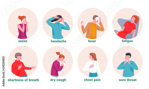 Coronavirus 2019-nCoV covid-19 symptoms  illustration. Mans and women are showing coronavirus symptoms-sneeze, headache, fatigue, shortness breath , dry cough, chest pain, sore throat, fever