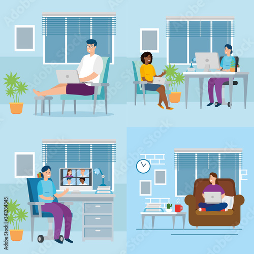 set scenes people working in telecommuting vector illustration design