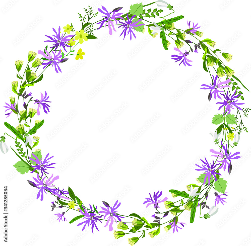 Natural wreath of flowering field plants. Medicinal flowers and herbs. Yellow, pink buds, leaves. Stock vector illustration isolated on white background. Botanical design for summer mood.